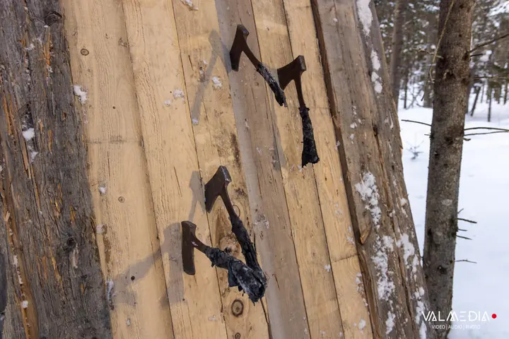 Axes stuck in the target at the axe-throwing range
